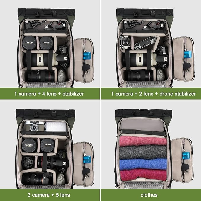 Besnfoto Camera Backpack for Photographer DSLR SLR Waterproof Camera Bag with Laptop Compartment Tripod Holder Roll Top Photographer Case for Hiking Traveling