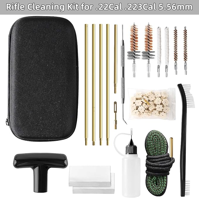 Universal Gun Cleaning Kit for .22 .223Cal 5.56mm .22LR Rifle Pistol, Bore Chamber Brush,Bore Mop,Gun Snake,Star Chamber Cleaning Pads,Brass Rods in Zippered Compact Case