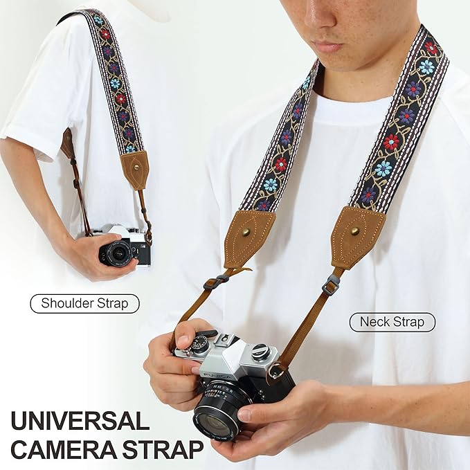 Padwa Lifestyle 2" Wide Classic Crazy Horse Art Cowhide Head Camera Strap - Jacquard Embroidery Floral Vintage Camera Straps for Photographers Gift, Adjustable Shoulder Neck Strap Fits DSLR Cameras