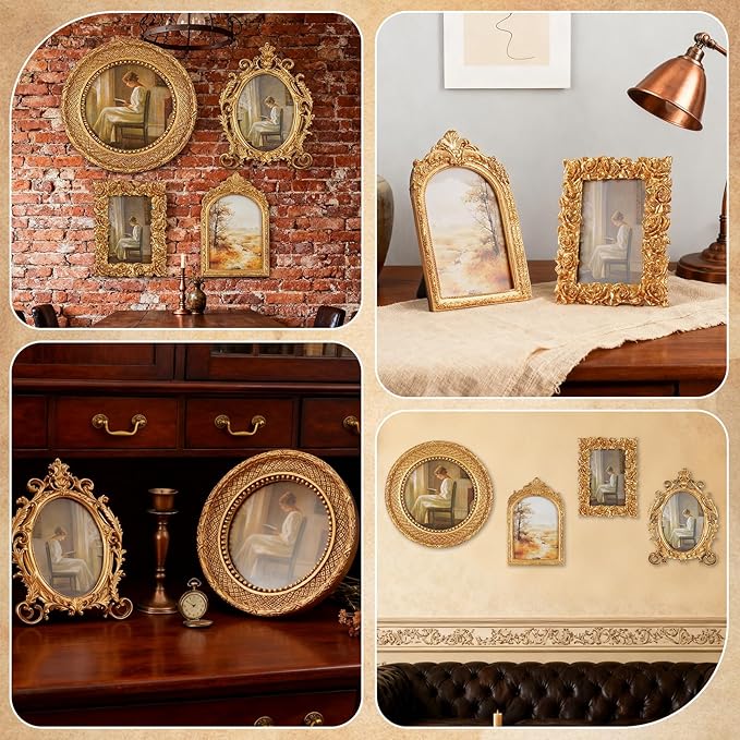 4 Pcs Gold Vintage Picture Frames for Tabletop Display Wall Hanging, Ornate Antique Photo Frame with Stand and Hanging Hook, Royal Style Wall Art Decor for Home Wedding Gallery Photography Props