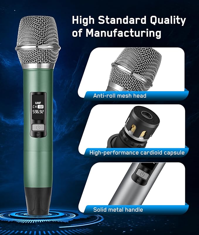 Rechargeable UHF Wireless Microphones, Two Metal Handheld Microphones with 1/4" Receiver, Plug-and-Play for Speaker & PA System, Karaoke Singsing, Lecture, Stage Performance (Green&Grey)