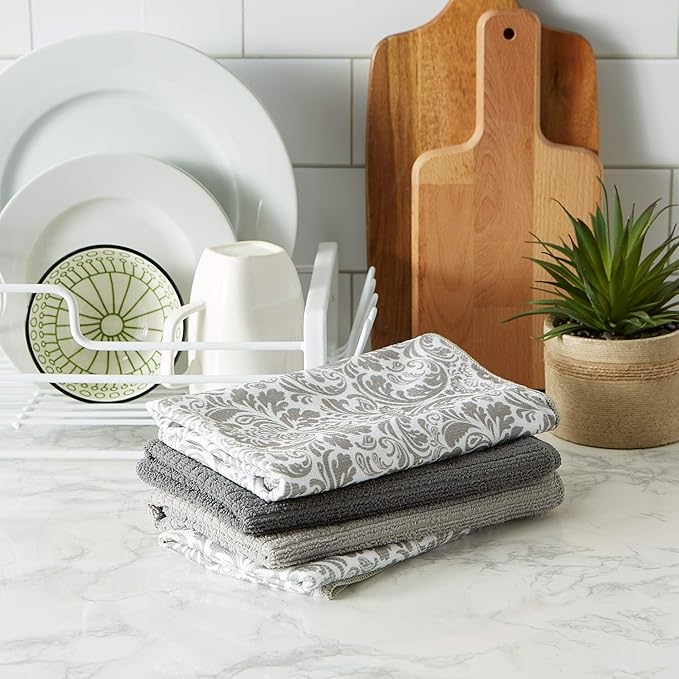 DII Cleaning Collection Multi-Purpose Microfiber, Gray Damask, Dishtowel Set