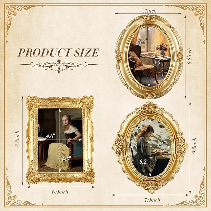 3 Pcs Gold Vintage Picture Frame Set Antique Oval Picture Frames 4x6, 5x7 Inch Baroque Photo Ornate Frames with Glass Gift for Tabletop Hanging Wall Art Wedding Home(Retro Style)