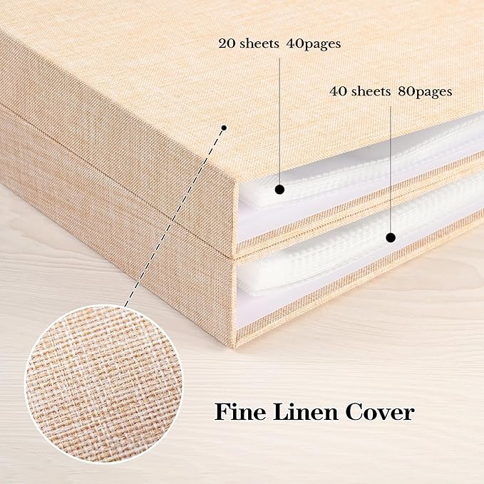 Mublalbum 12x12 Inch Large 3 Ring DIY Scrapbook Photo Album with 40 Plastic Sleeves 80 Pages Linen Cover Folder Binder for Baby Travel Wedding Couple Anniversary and DIY Projects (Beige)