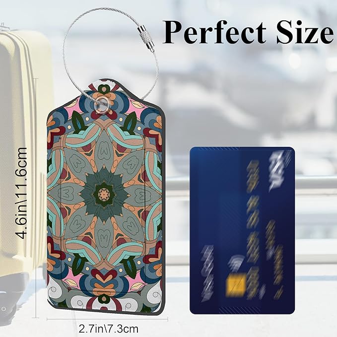 Mandela Boho Style 2 Pack PU Leather Luggage Tags for Suitcase, Travel Cruise Tags with Privacy Flap, Name ID Label and Metal Loop for Women Men Baggage Handbag School Bag Backpack