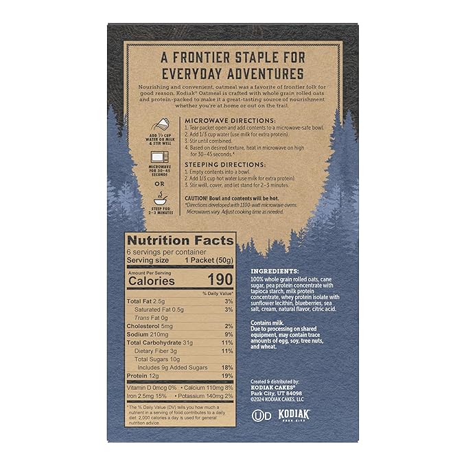 Kodiak Instant Oatmeal Packets, Blueberries & Cream, High Protein, 100% Whole Grains, 6 boxes with 6 packets (36 packets)