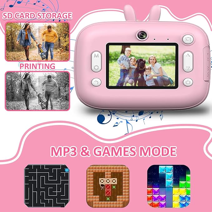 Instant Print Camera for Kids, Toddler Cameras Christmas Birthday Gifts for Boys Age 3-12, 1080P HD Digital Video Cameras for Toddler,Kids Portable Toy with 3 Rolls Photo Paper 32GB SD Card (Pink)