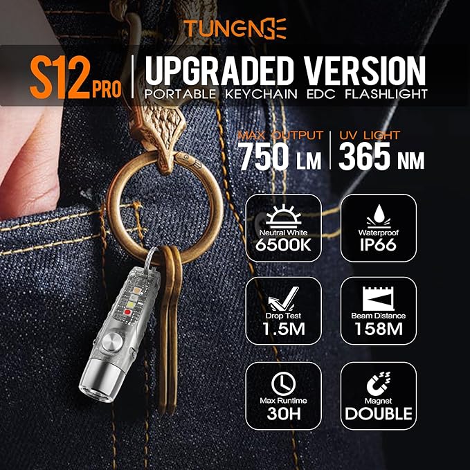 S12Pro Keychain Flashlight Rechargeable,750 High Lumen EDC Mini Flashlight with Clip,Multifunction COB Light with 365nmUV-11 Lighting Modes, Tail Magnet, Flash Light