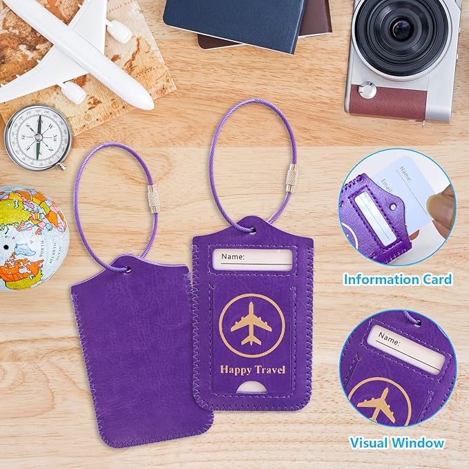 Luggage Tags, ACdream Leather Case Luggage Bag Tags Travel Tags 2 Pieces Set, Purple