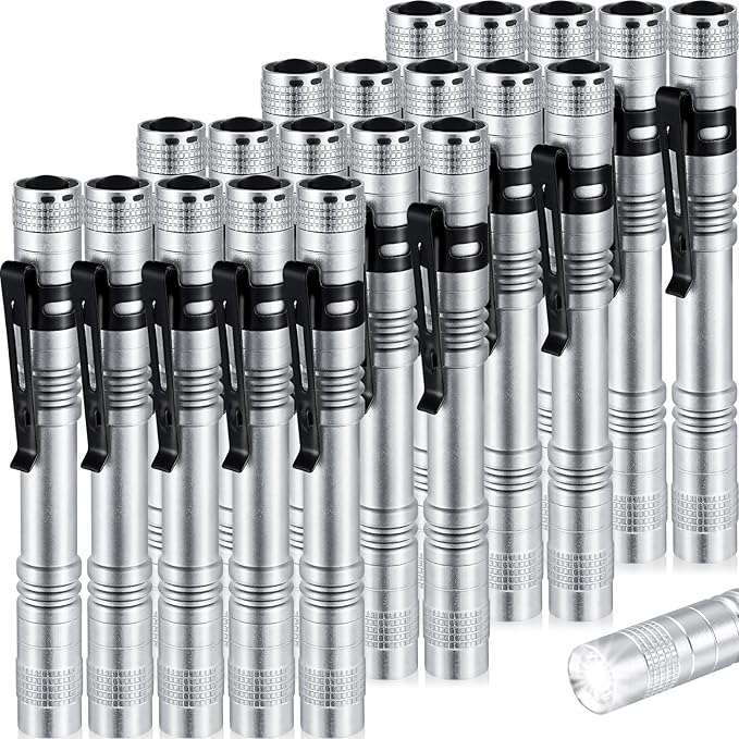 Hortsun 20 Pcs Mini Pen Light Flashlights Christmas Gifts for Men Pocket Flashlights Pen with Clip Small LED Handheld Slim Torches Without Battery(5.12 Inch,Silver White)