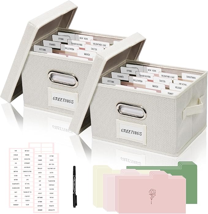 Hiwhy Greeting Card Storage Box, Linen Storage Box with 32 Adjustable Dividers, 168 Labels, 2 Marker Pen, Perfect for Organizing Greeting Cards, Envelopes, Photos 2 Pack Ivory