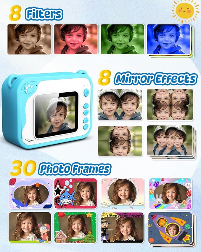 Kids Camera Instant Print, Dinosaur Instant Print Camera for Kids with 1080P Video, 32GB SD Card, 240 Photos, Christmas Birthday Gifts for Boys Girls Ages 3-12 (Blue)