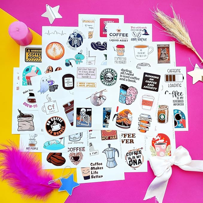 BulbaCraft 100Pcs Funny Coffee Stickers for Planner, Coffee Funny Quote Decals for Laptop, Scrapbook & Water Bottles, Gifts for Women & Men