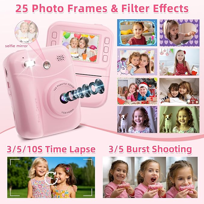 MINIBEAR Kids Camera Instant Print Camera for Kids Digital Camera Toddler Toys Christmas Birthday Gifts for 3 4 5 6 7 8 9 10 Year Old Girls Boys, Pink