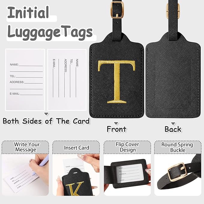 Initial Letter Luggage Tag for Suitcase, Cute Luggage Bag, Waterproof PU Leather Travel Luggage Tag, Suitcase Identifier Name Tag, Monogrammed Suitcases Tags, Bag Tags for Handbags(Black T)
