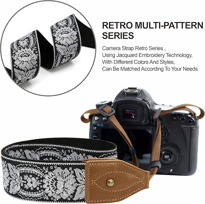 Padwa Lifestyle 2" Wide Classic Crazy Horse Art Cowhide Head Camera Strap - Jacquard Embroidery Floral Vintage Camera Straps for Photographers Gift, Adjustable Shoulder Neck Strap Fits DSLR Cameras