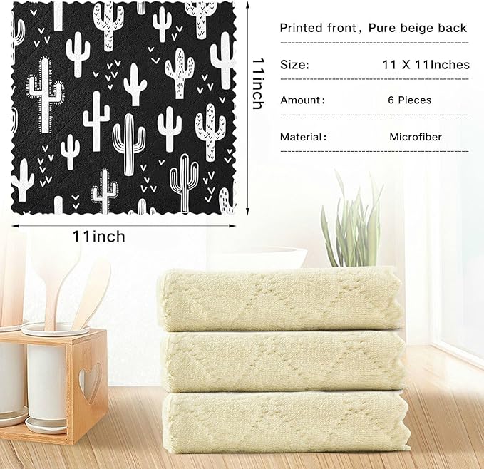 CaTaKu Black and White Cactus Kitchen Dish Cloths, 6 Pack Reusable Dish Rags for Washing Dishes, Microfiber Cleaning Cloths Dish Towels Washcloths for Kitchen Drying