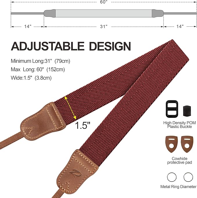 Padwa Lifestyle Burgundy Red Camera Strap -1.5" Wide Crazy Horse Cowhide Ends Camera Straps for All DSLR Cameras,Universal Adjustable Pure Cotton Woven Shoulder Neck Strap,Great Gift for Photographers