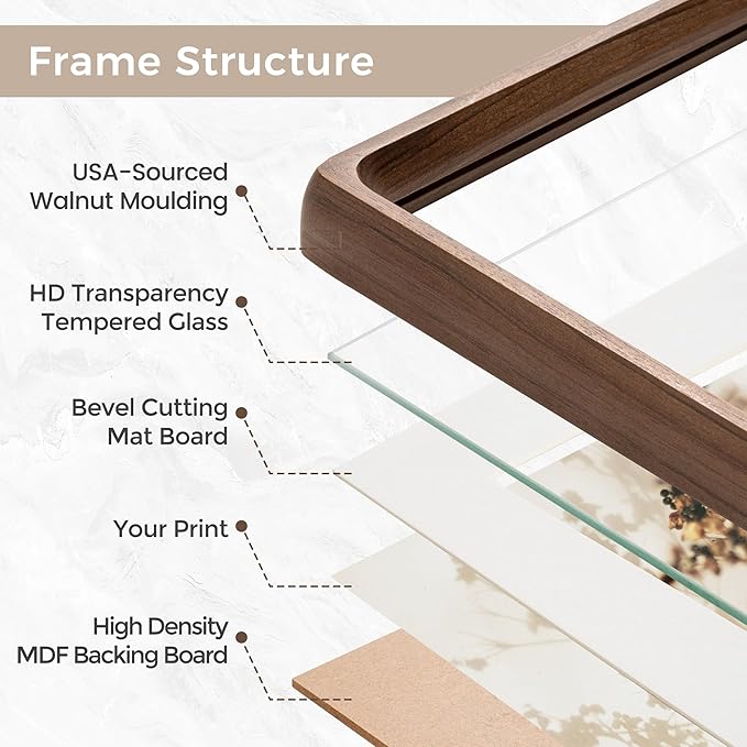 4x6 Picture Frame, USA-Sourced Natural Walnut Wood Photo Frame with Tempered Glass, Handcrafted Rounded Corner 4 x 6 Wooden Frame Matted to 3.5x5 Photos, Wall or Tabletop Display