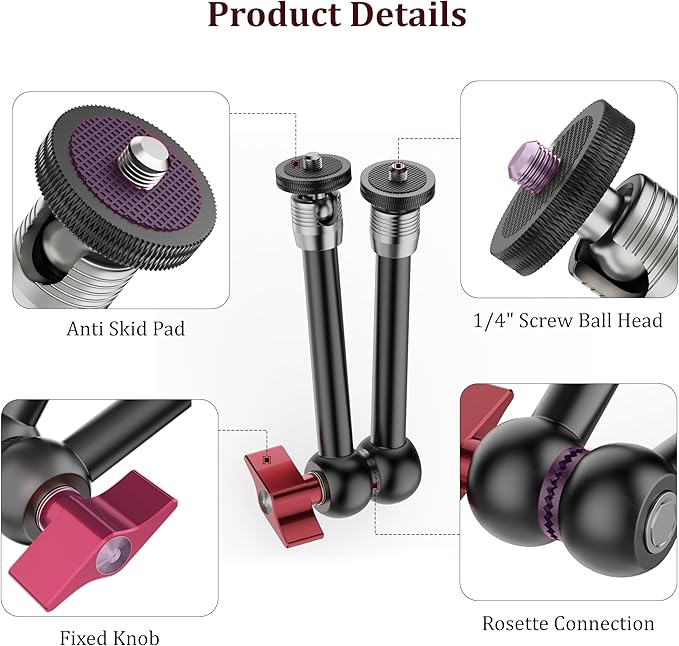 HSU 9.8" Magic Arm with 1/4" Thread Screw, Adjustable Articulating Friction Power Arm with Dual Ball Head for LCD Monitor/LED Lights/Cameras/Smartphones/Action Cameras