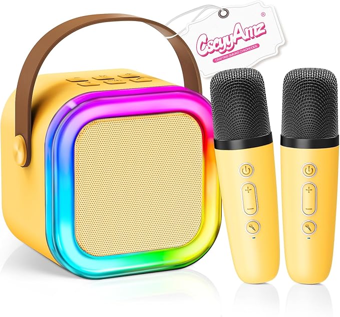 【2026 Newest】 Mini Karaoke Machine for Kids Girls & Boys - Portable Bluetooth Speaker with 2 Wireless Microphones - Kids Birthday Gifts for Ages 4-10 - Kids' Instrument Accessories - Yellow