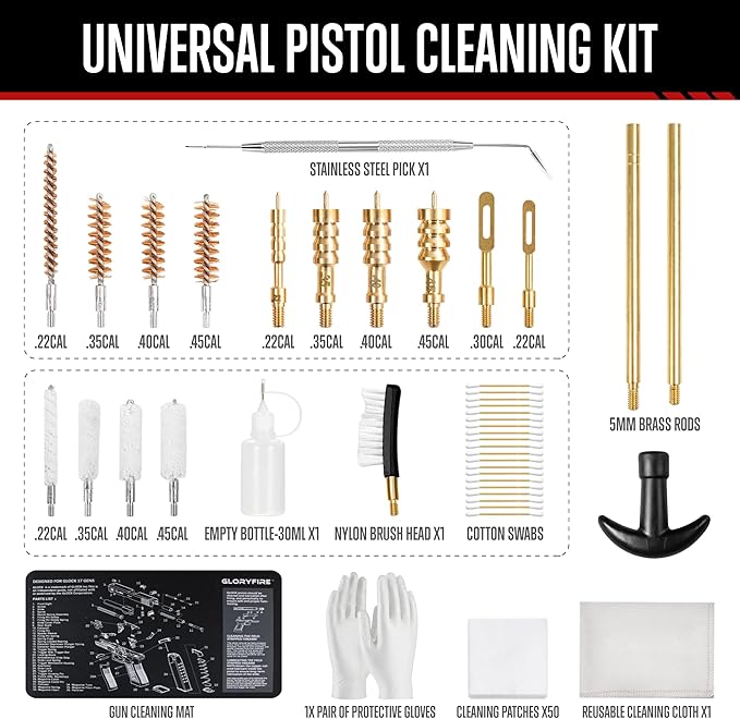 GLORYFIRE Gun Cleaning Kit Fits .22 .357/9mm .38 .40 .45 Cal Universal Handguns & Pistols Compact Carrying Case for Portability Multiple Styles with Brass or Plastic Jags & Tips for Shooting and Range