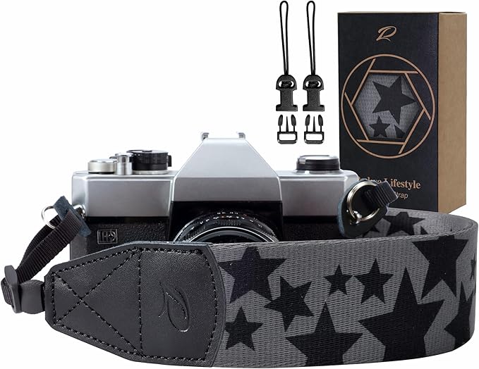 Padwa Lifestyle Pentagram Camera Strap - 2" Wide Genuine Leather Ends Camera Straps for Photographers, Vintage Five-Pointed Stars Print Nylon Weave Strap with Camera Quick Release fits All Cameras