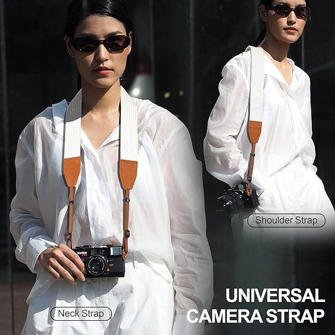 Padwa Lifestyle White Corduroy Camera Strap - 2" Double Layer Full Grain Cowhide Leather Head Camera Straps for Photographers, Unique Soft Corduroy Fabric with Quick Release fits all Cameras