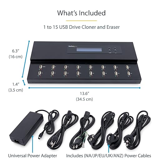 StarTech.com Standalone 1 to 15 USB Flash Drive Duplicator/Cloner/Eraser, Multiple USB Thumb Drive Copier / Sanitizer, System File / Sector-by-Sector Copy, 1.5 GB/min, 3-Pass Erase, LCD, TAA