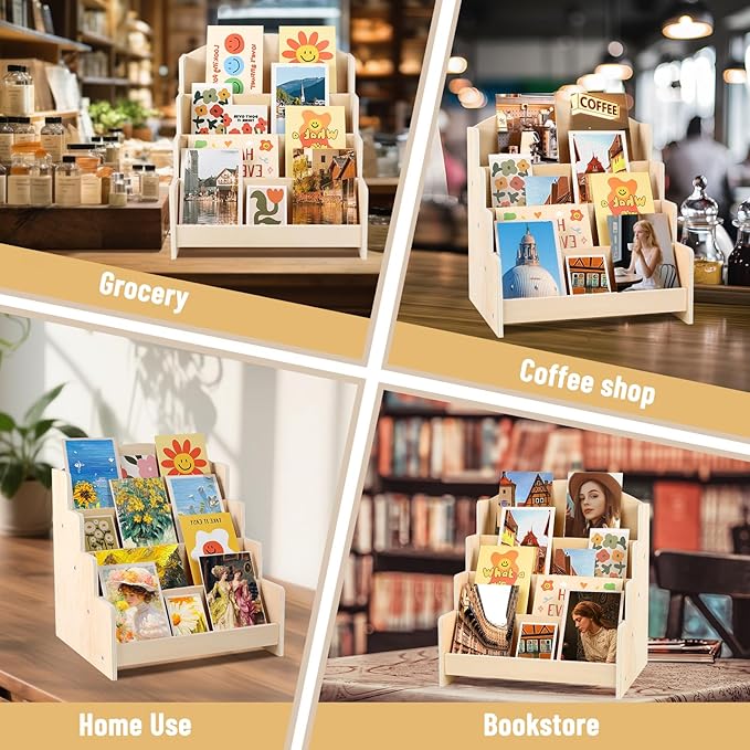 VOGGV Greeting Card Display Stand Holder - 4-Tier Wooden Organizer Rack for Postcards, Stickers, Bookmarks & Tabletop Book Display, Sturdy Card Display Shelf for Retail or Home