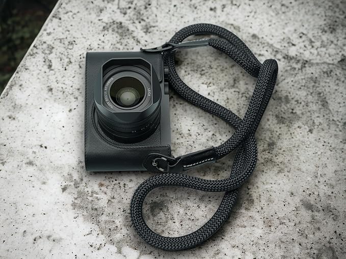 Vi Vante Sheetline Black Rope Camera Strap w/Nappa Leather Ends built in tension relief & electroplated key rings (Black w/White Stitching)