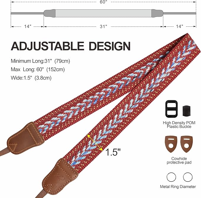 Padwa Lifestyle Speed Red Camera Strap - 1.5" Soft Cotton Rope Weave Crazy Horse Cowhide Head Camera Straps for Photographers and All Cameras,Cute Adjustable Vintage Woven Strap for Adults & Kids