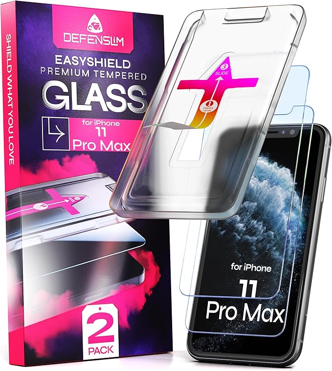 Defenslim Screen Protector for iPhone 11 Pro Max (2Pack), Easy Auto-Align Install Kit, 6.5" Tempered Glass, 9H Hardness, Ultra HD Clear, Case Friendly, EasyShield