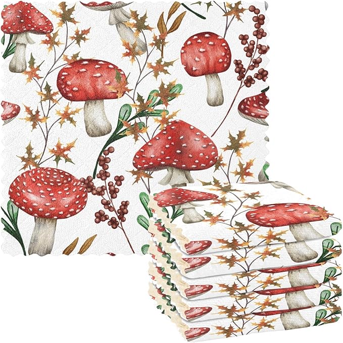 CaTaKu Fall Mushroom Kitchen Dish Cloths,Microfiber Cleaning Cloths Reusable Dish Rags for Washing Dishes, Dish Towels Washcloths for Kitchen Drying,6 Pack