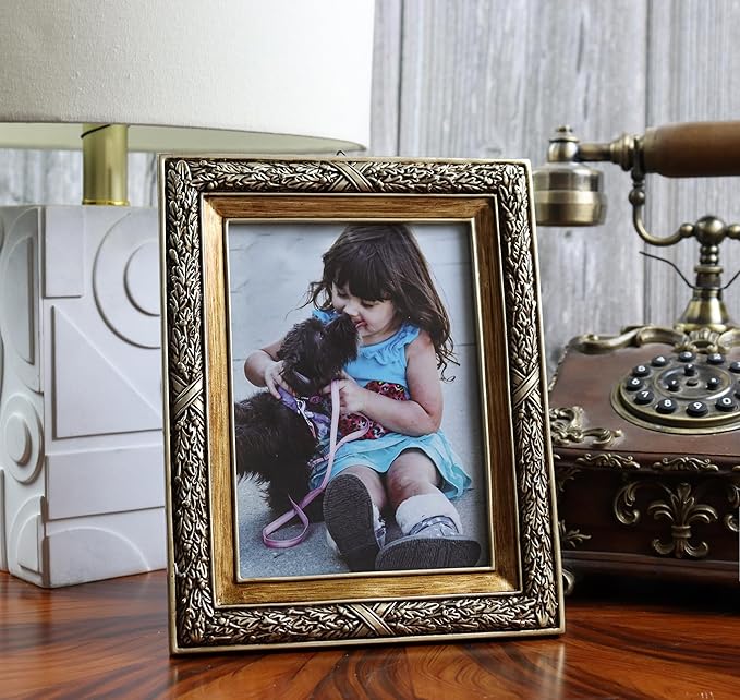 Hymmah 5 * 7inch Wallet Picture Frame Vintage Photo Frame Ornate Textured Hand-Crafted Resin Frame with Easel&Hook for Tabletop&Wall Display,Photo Gallery,Art