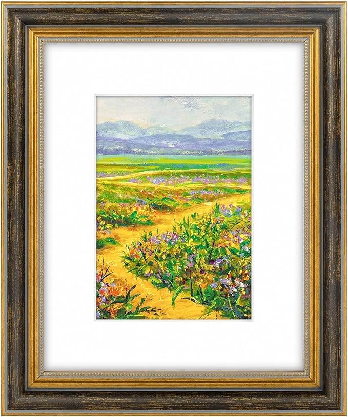 Golden State Art,8x10 Ornate Picture Frame for 5x7 Photo with Mat or 8 x 10 Prints without Mat, Real Glass Wall & Tabletop Display Horizontally or Vertically (Color:Black Gold)