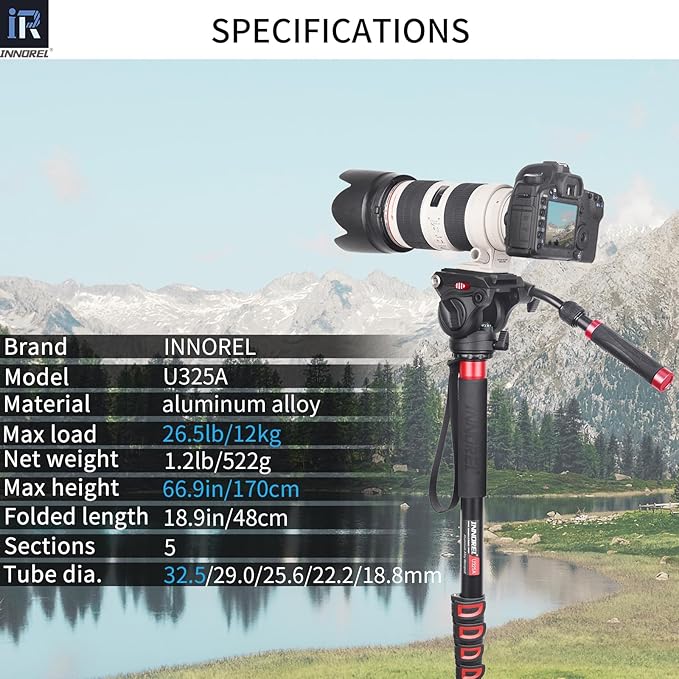 INNOREL U325A Camera Monopod 66.9 in/170 cm Aluminum Alloy 5-Section with Fast Flip Lock Travel Monopod for Canon Nikon Sony DSLR Camera Video Camcorder DV Photography Bracket Load 26 lb/12 kg