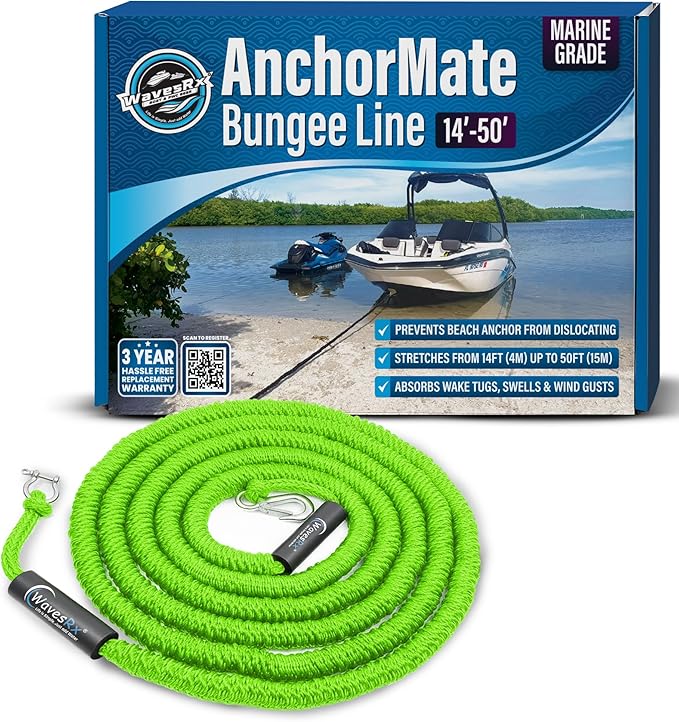 WAVESRX AnchorMate Bungee Line | Boat Bungee Dock Lines for Boats, PWCs & Kayaks | Absorbs Shock from Swells & Wind, Prevents Anchor Dislodging | Perfect for Anchoring, Mooring & Tethering