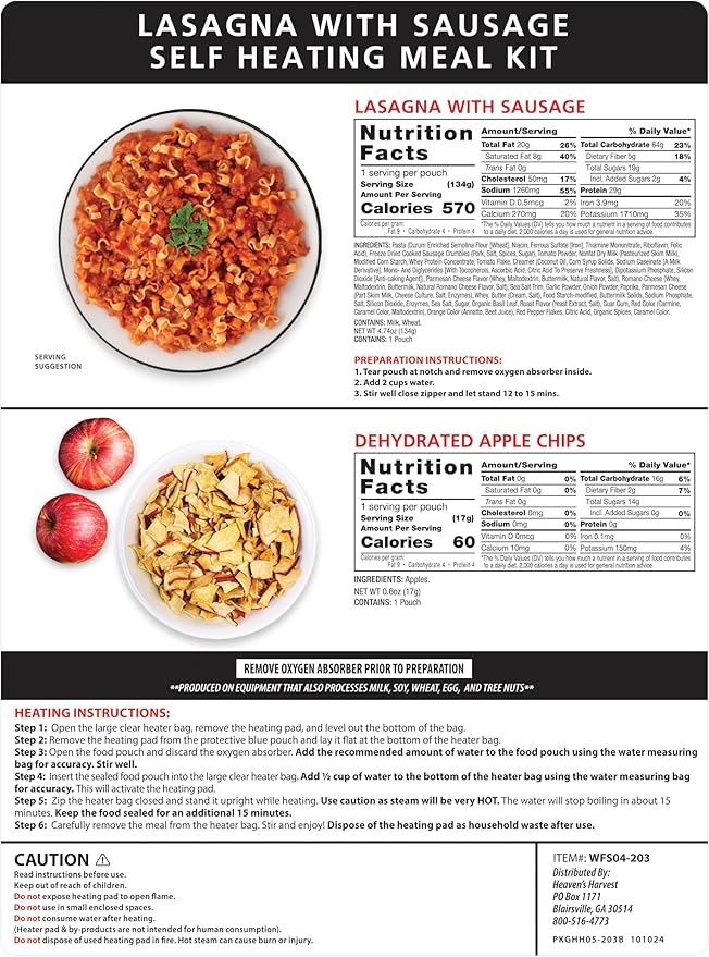Heaven's Harvest Self-Heating Emergency Meal Kit (10 Year Shelf Life) — Tastier than MRE Meals & Ready-To-Eat in Minutes! Just add water to activate the “cooking” process. (Lasagna w/Sausage) (Single)