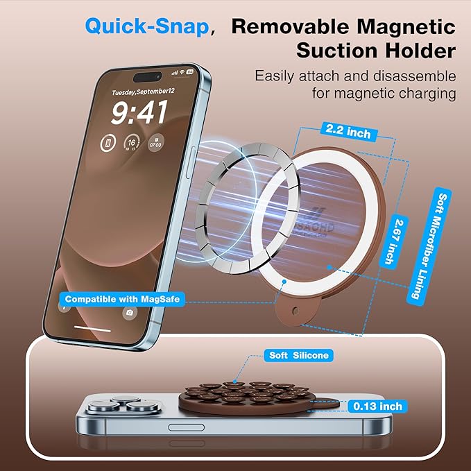 Magnetic Suction Cup Phone Mount with MagSafe, Silicone Hands-Free Grip Holder for iPhone Case and Android, Mirror Shower Phone Stand for Makeup FaceTime Gym Kitchen Bathroom, Chocolate