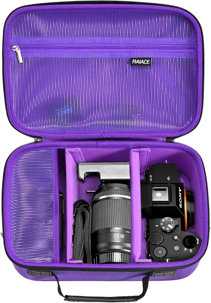 RAIACE Hard Case Compatible with Sony Alpha 7 II III IV/7R V Camera, for Nikon, for Canon, for Pentax and More.Large Capacity With Mesh Pocket for Lens, Charger, Cables, Cards and Accessories.-Purple