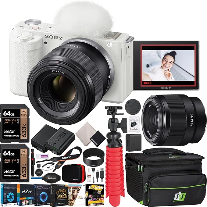 Sony ZV-E10 Mirrorless Alpha APS-C Vlog Camera Body and 50mm F1.8 Large Aperture FE Lens SEL50F18F ILCZV-E10/W White | Official Sony USA Partner Model | Bundle with Deco Gear Case + Extra Battery