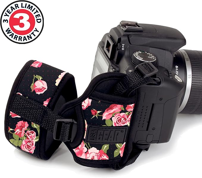USA Gear DualGRIP Professional Grip Camera Hand Strap with Neoprene Design and Metal Plate - Compatible with Canon, Fujifilm, Nikon, Sony, and more DSLR, Mirrorless, Point & Shoot Cameras (Floral)