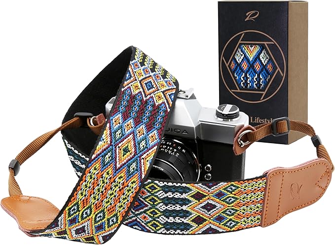 Padwa Lifestyle Colorful Camera Strap for Photographers - Double Layer Cowhide Ends,2" Pure Cotton Embroidered Woven Camera Straps,Universal Neck & Shoulder Strap Adjustable for All DSLR Cameras