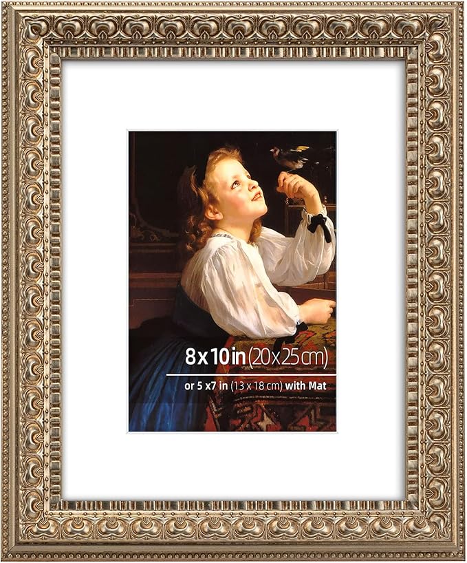 8x10 in Antique Silver Ornate Vintage Wood Picture Frame, Matted for 5x7 Photos, Real Glass Protection, Tabletop or Wall Mounting Display