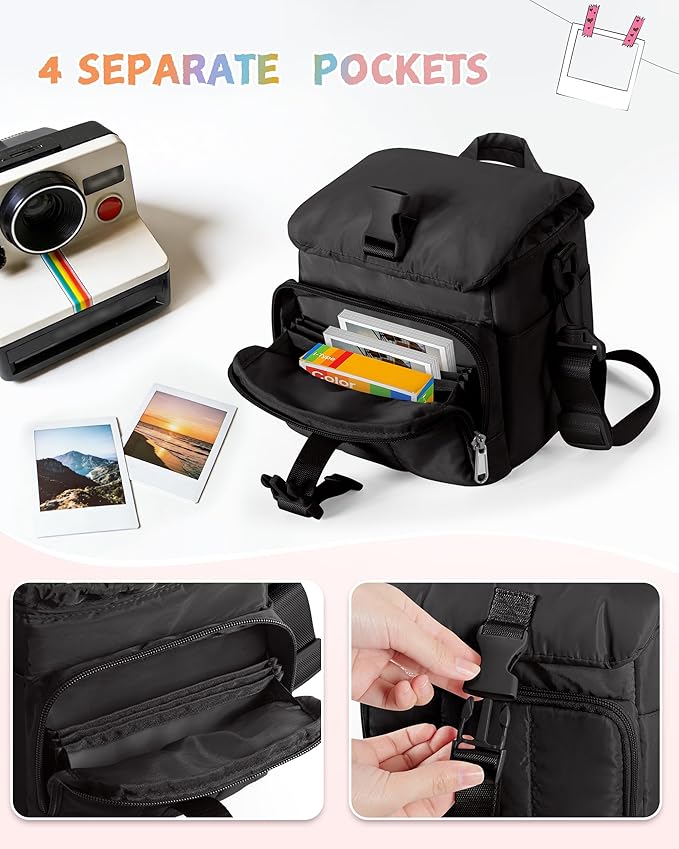 Instant Camera Case Compatible with Polaroid Now 3rd and Go Gen2 Series, Protective Camera Sling Bag with Adjustable Strap and Pockets, Black