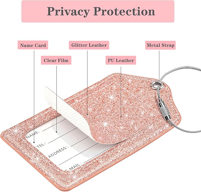 (Set of 2) Luggage Tag Leather Privacy Cover ID Label Address Card with Stainless Steel Loop, Travel Bag Tags Suitcase Labels, Glitter Rose Gold