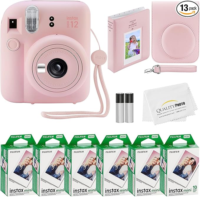Fujifilm Instax Mini 12 Instant Camera + 60 Photo Prints + Quality Photo Value Bundle, Case, Decoration Stickers, Frames, Photo Album, (Blossom Pink)