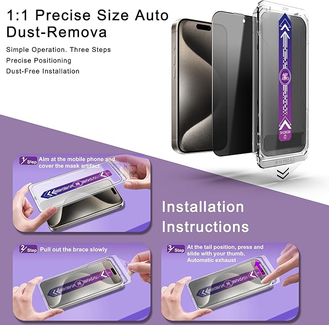 CHISHA 2-Pack Privacy Screen Protector for iPhone 16 Pro 6.3-Inch, Auto Dust Removal, No Bubbles,Anti-Spy Tempered Glass Film, Easy Installation