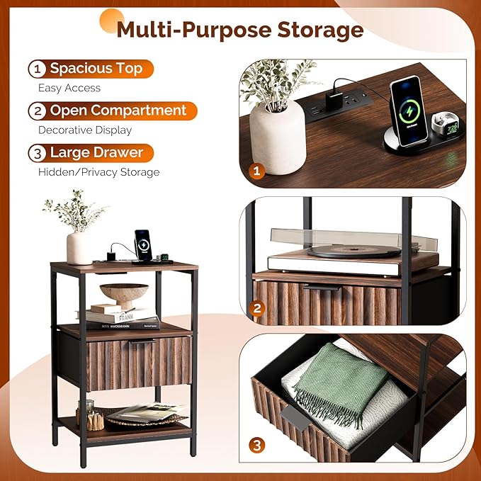 Bonnlo Fluted Nightstand Set of 2, End Table with Fabric Drawer with Charging Station, Night Stand with Storage Shelf & Handle, Fluted Side Table for Bedroom/Living Room,Walunt